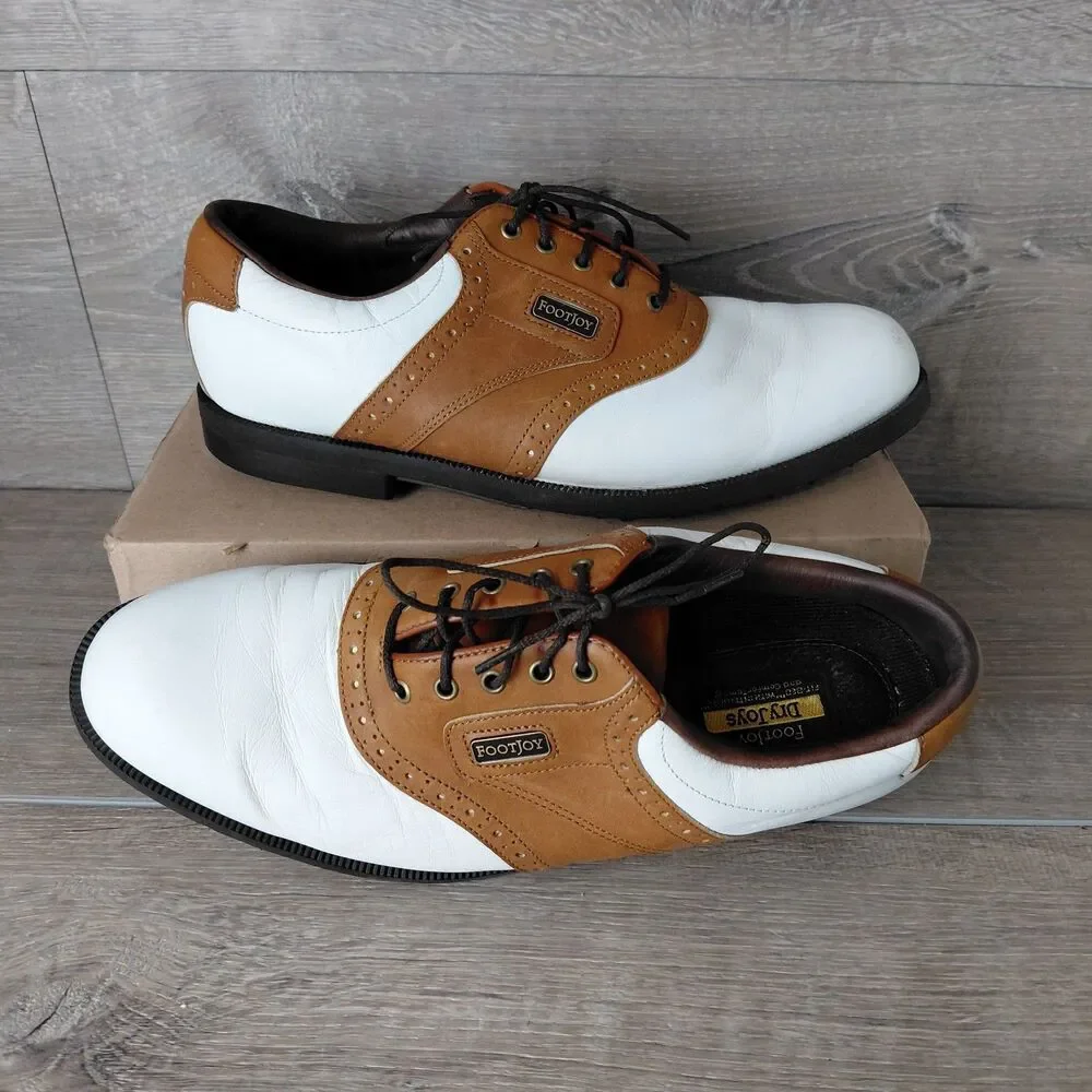 Footjoy Dryjoy Golf Shoes Men 9 White Brown Leather Saddle Waterproof Soft Spike